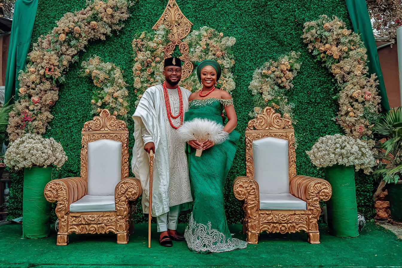 A couple celebrating in colourful traditional wedding clothing